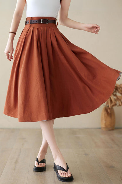 Dark Red Linen Pleated A-Line Skirt - High Waist Midi | Xiaolizi 4973