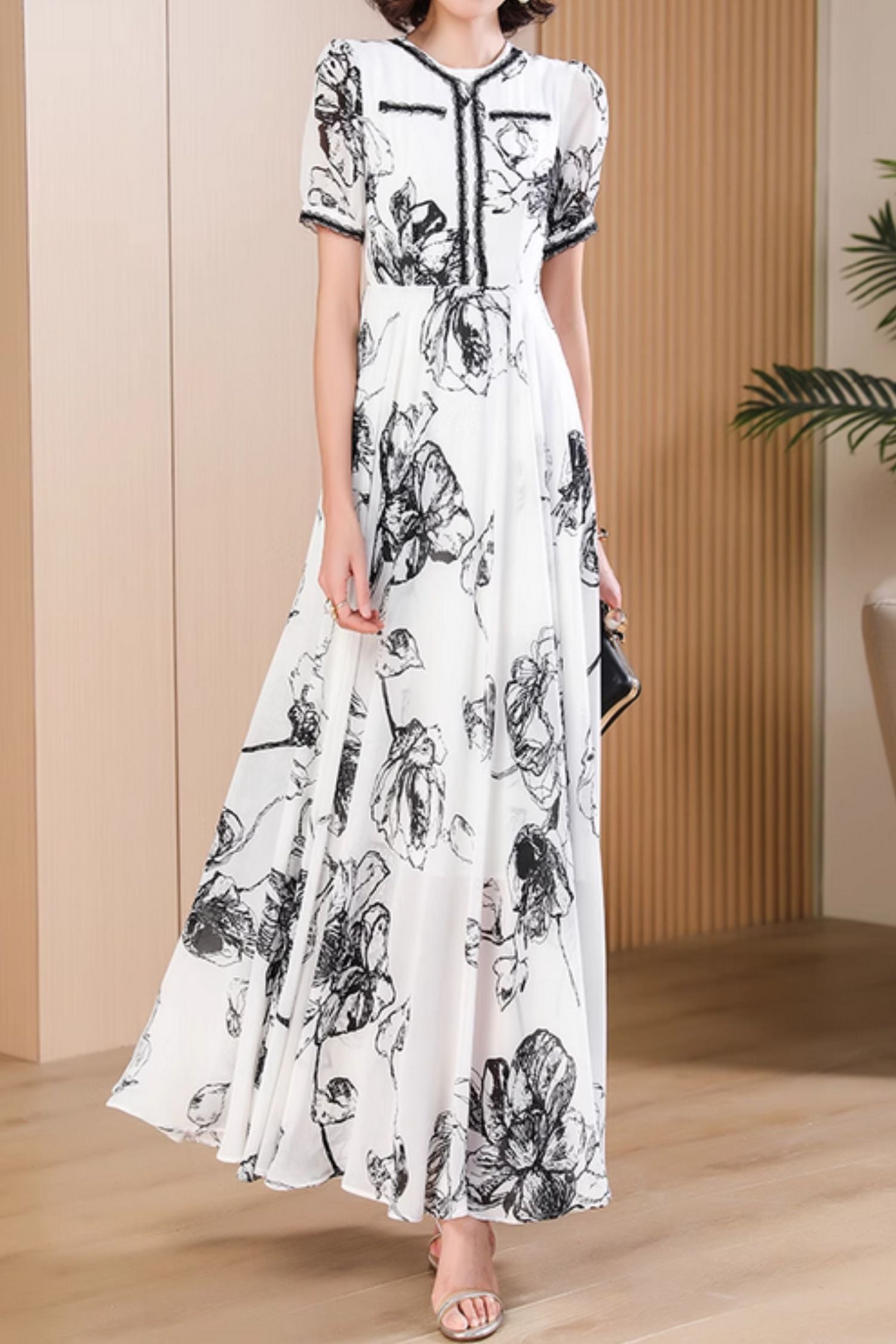Black and white floral maxi chiffon dress 5031 Xiaolizi Black and white floral maxi chiffon dress 5031 Xiaolizi