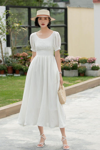White Linen Midi swing Wedding Dress 5983