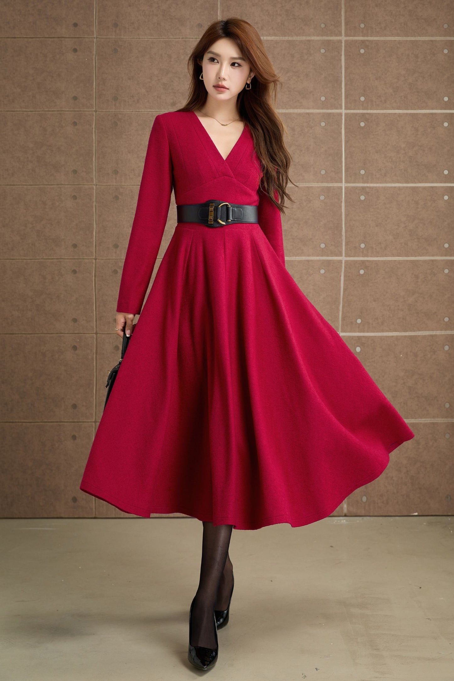 Red V neck prom midi wool dress 5357