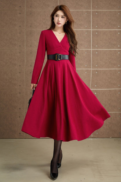 Vintage Wool Blend Midi Dress – Handmade Fit & Flare Winter Dress | Xiaolizi 5357