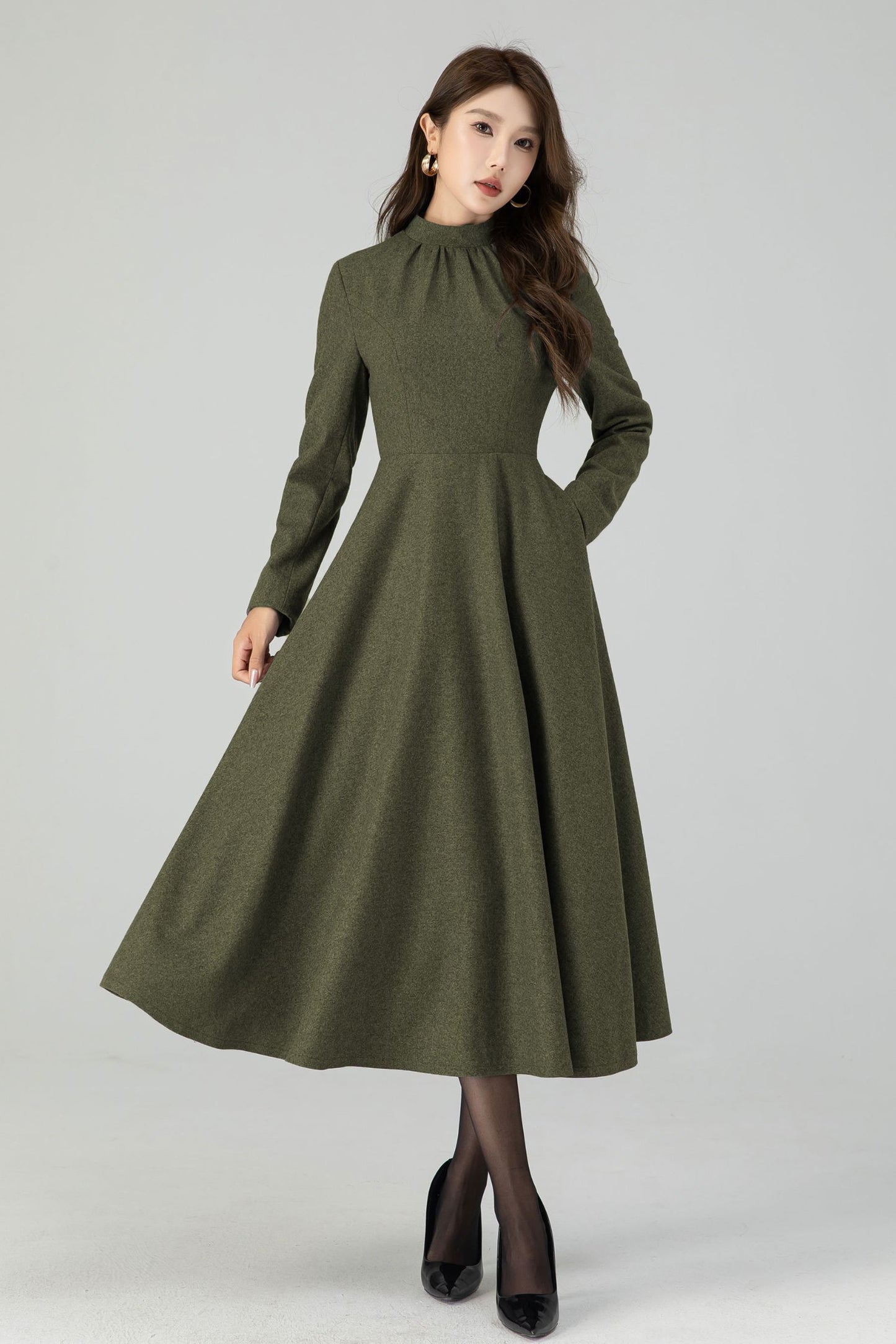 Retro army green swing wool dress 5441
