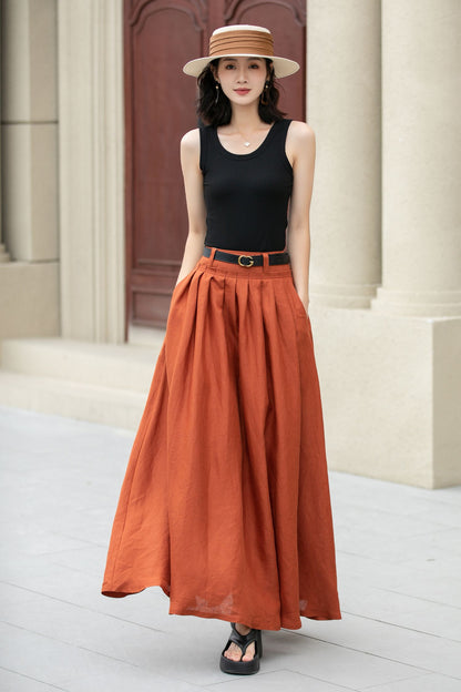 Apricot Linen Maxi Skirt - Pleated Waist, Ankle Length 5149