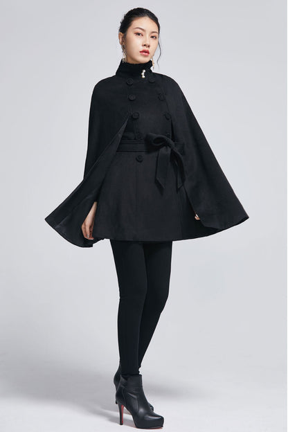 Black wool cape coat with self tie belt 2278