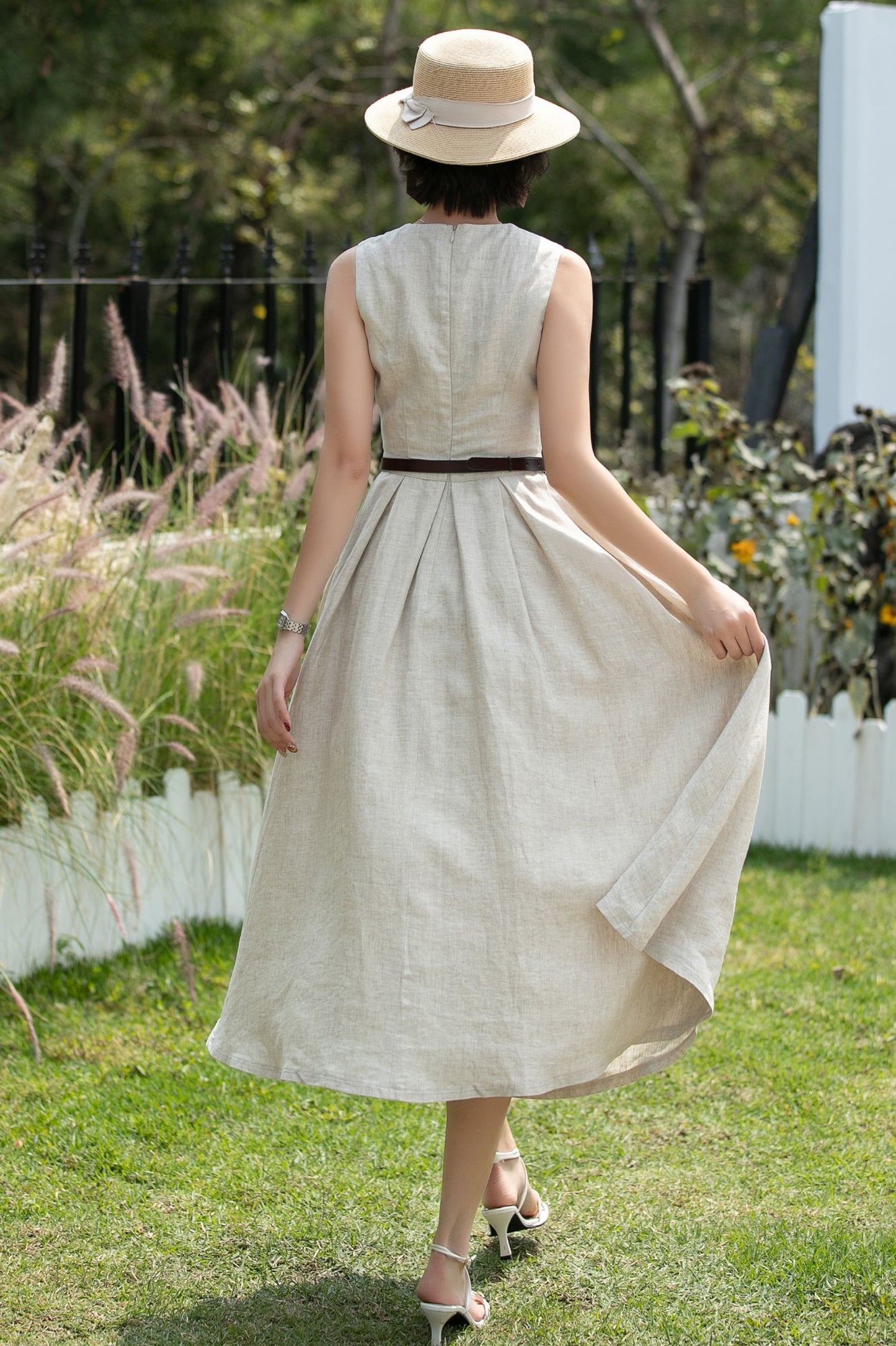 Beige Linen Midi Dress - Sleeveless V-Neck | Xiaolizi 6746 - Size XS #CK2600255
