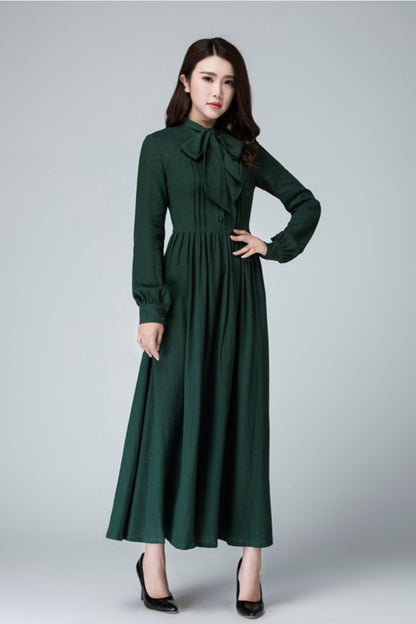 Green Tie-Neck Maxi Dress in Linen-Cotton Blend 1455