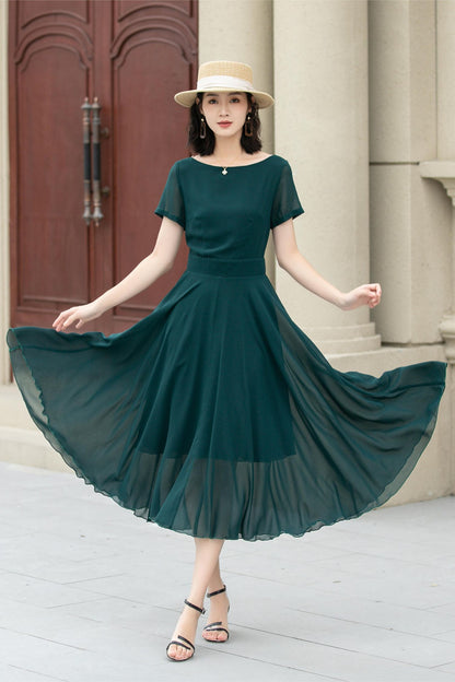 Emerald Green Chiffon Midi Fit and Flare Dress - Sheer Sleeve 5145