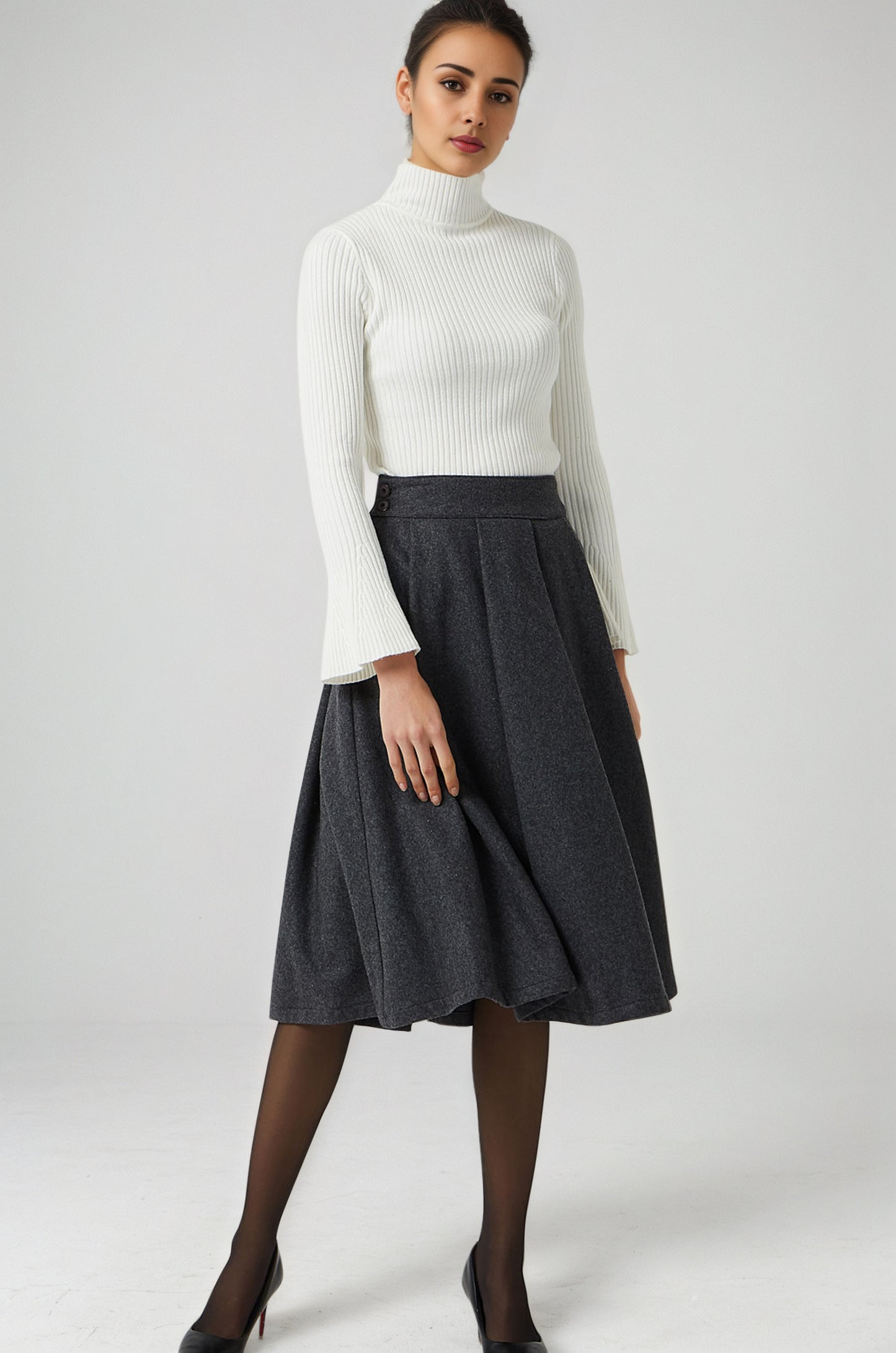 Dark Gray Wool Knee Length Skirt – Vintage Pleated Fit and Flare Skirt with Pockets 6294