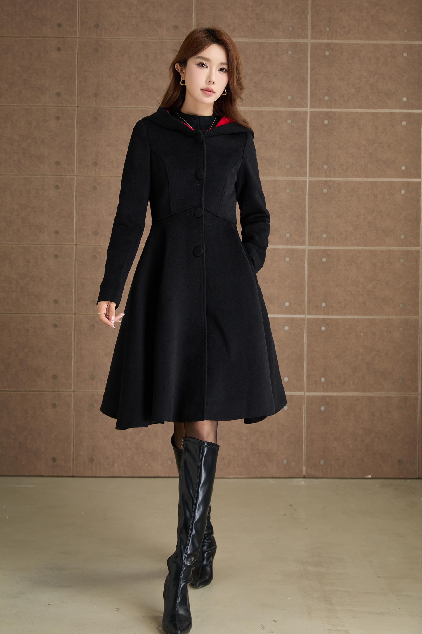 Black hooded winter wool coat  5363