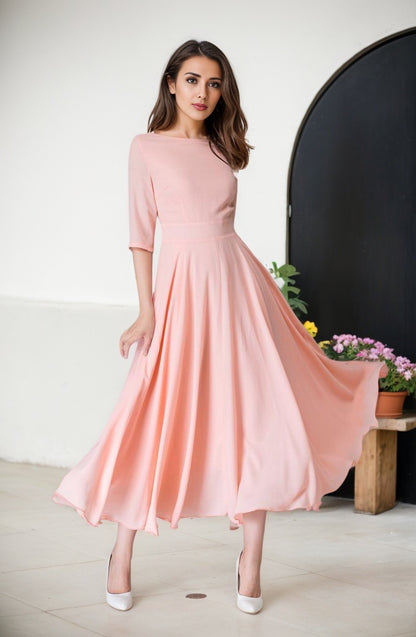 Elbow length sleeves fit and flare Midi dress 1524#