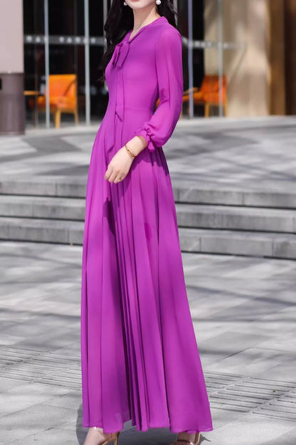 Purple Chiffon Maxi Dress - Flowing Silhouette with V-Neck Tie 5095