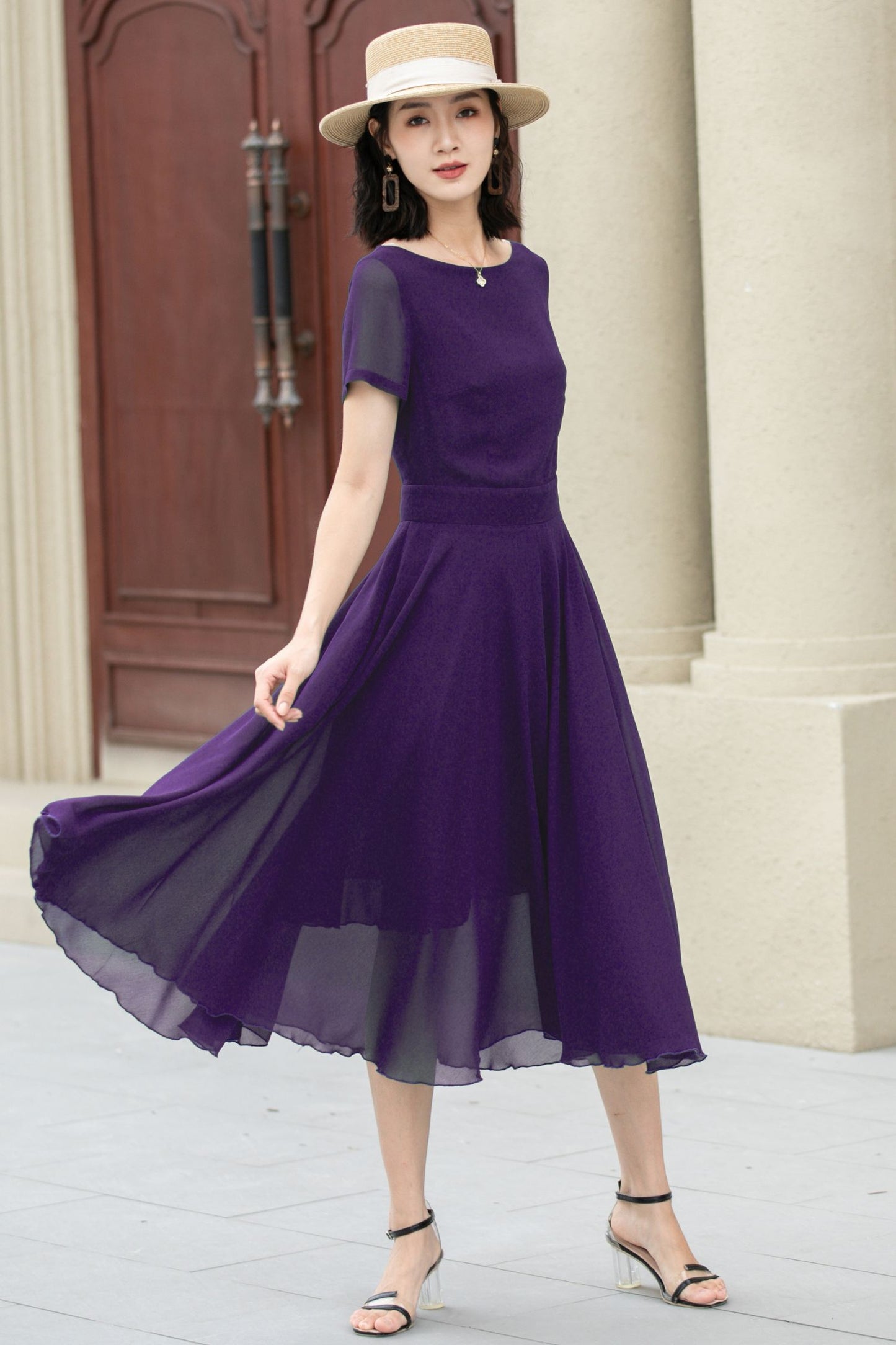 Midi fit and flare summer swing chiffon dress 6106