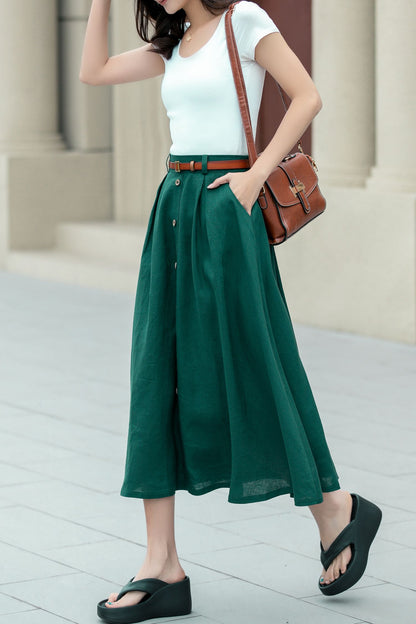 Green Linen A-Line Midi Skirt - Button Front Detail 4967