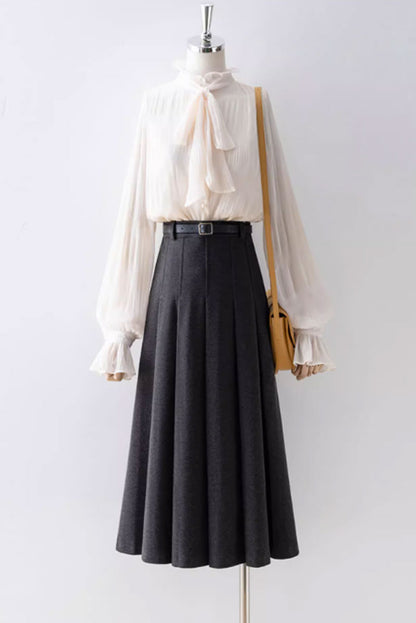 Pleated winter a line wool skirt women 4755