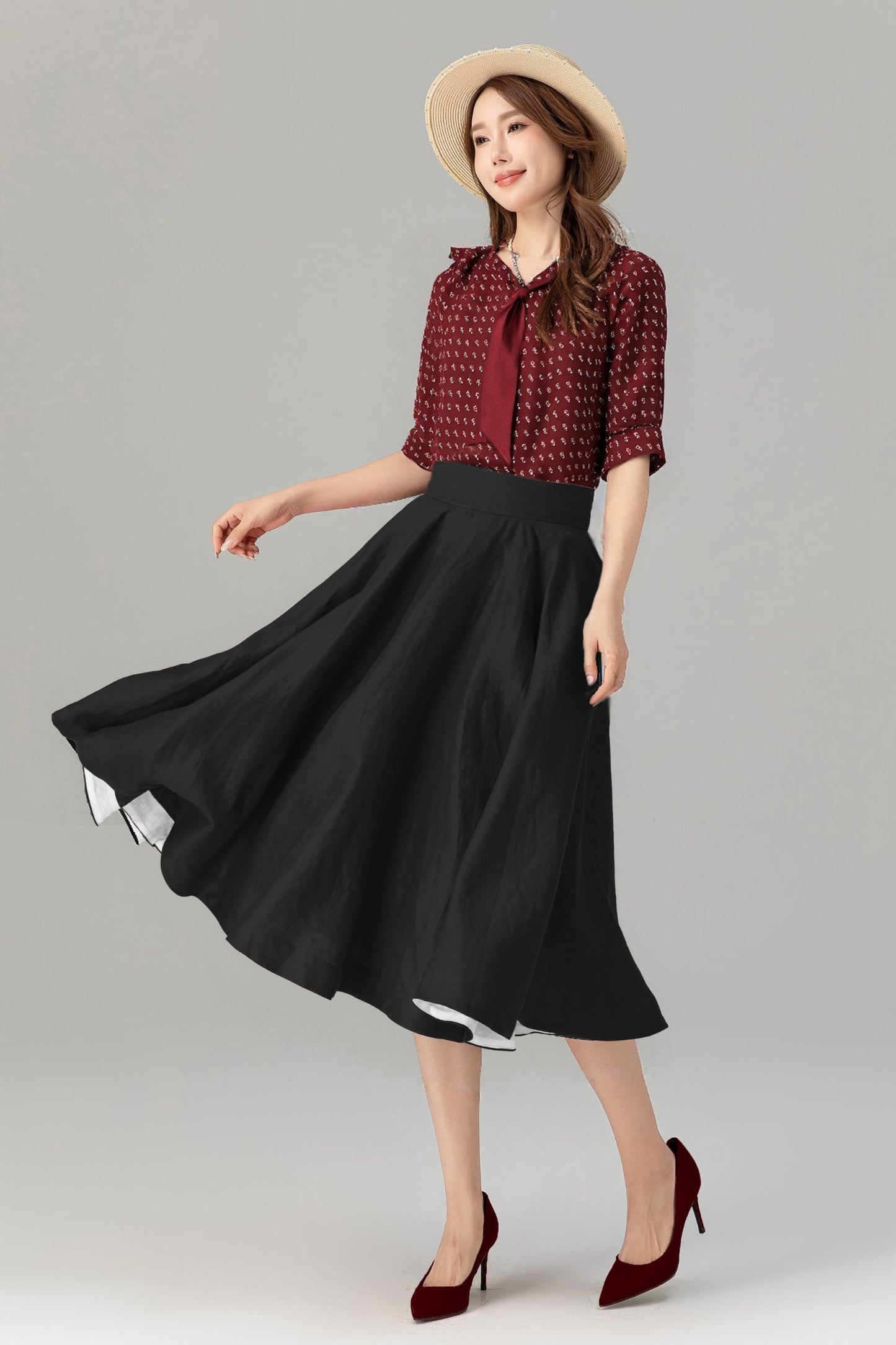 Black Linen Midi Skirt - High Waist A-Line | Xiaolizi 6753