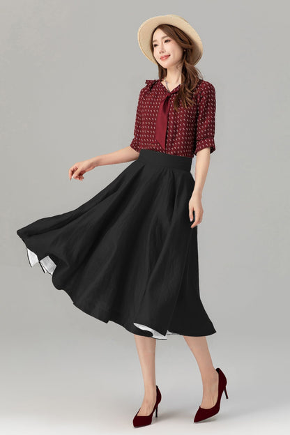 Black Linen Midi Skirt - High Waist A-Line | Xiaolizi 6753