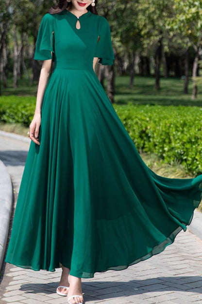 Green Chiffon Maxi Dress - Fit and Flare with Swing Sleeves 5167