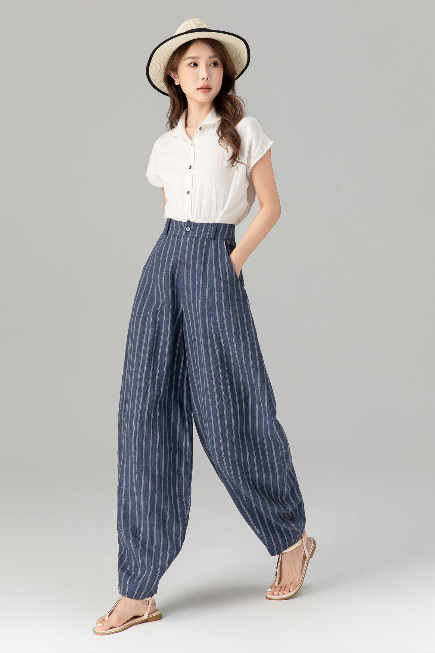 Plus size blue striple long linen pants 4939