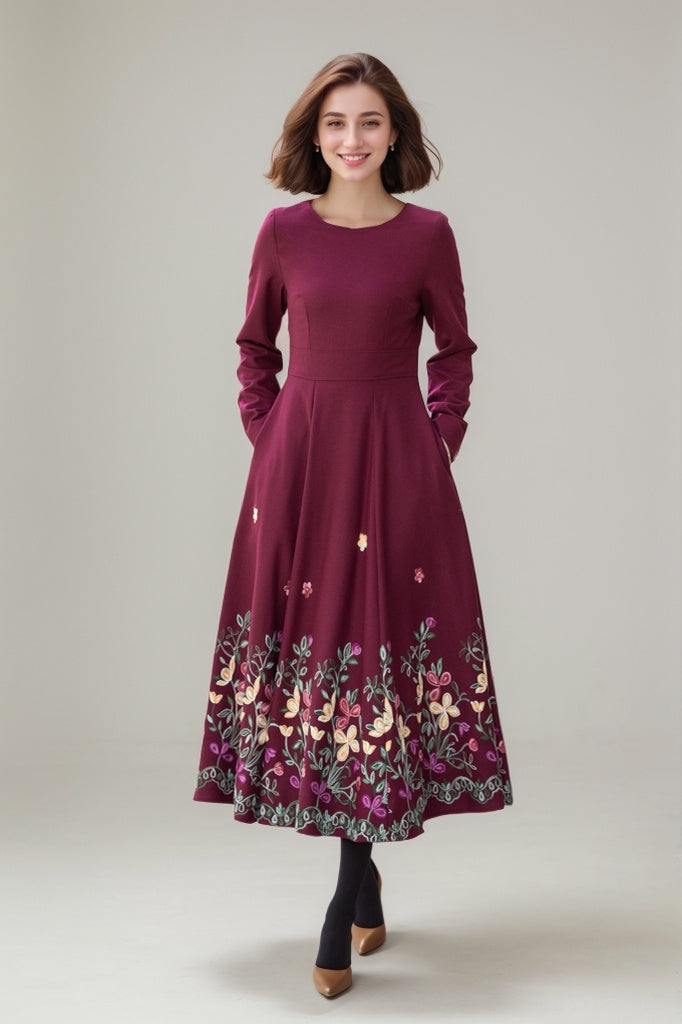 Embroidered burgundy fit and flare wool dress 5307