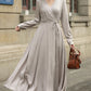 Long sleeves gray wrap linen dress 5672