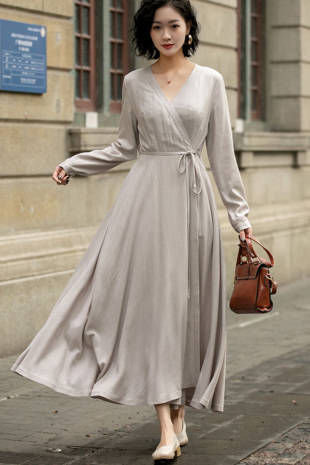 Long sleeves gray wrap linen dress 5672