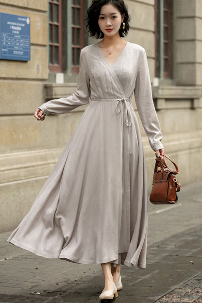 Gray Linen Dress - Wrap Style with Long Sleeves and Waist Tie 5672