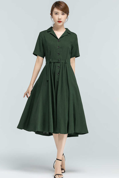 Green Linen-Cotton Midi Shirt Dress - Belted Vintage Swing 5764