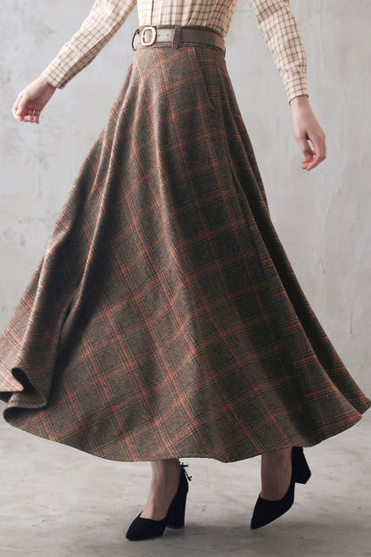 Brown Plaid Wool Maxi Skirt – Vintage High Waist Winter Long Skirt with Pockets 3102