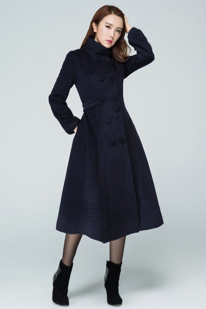 Navy Wool Fit and Flare Long Coat - Double Breasted Elegant Silhouette 1600