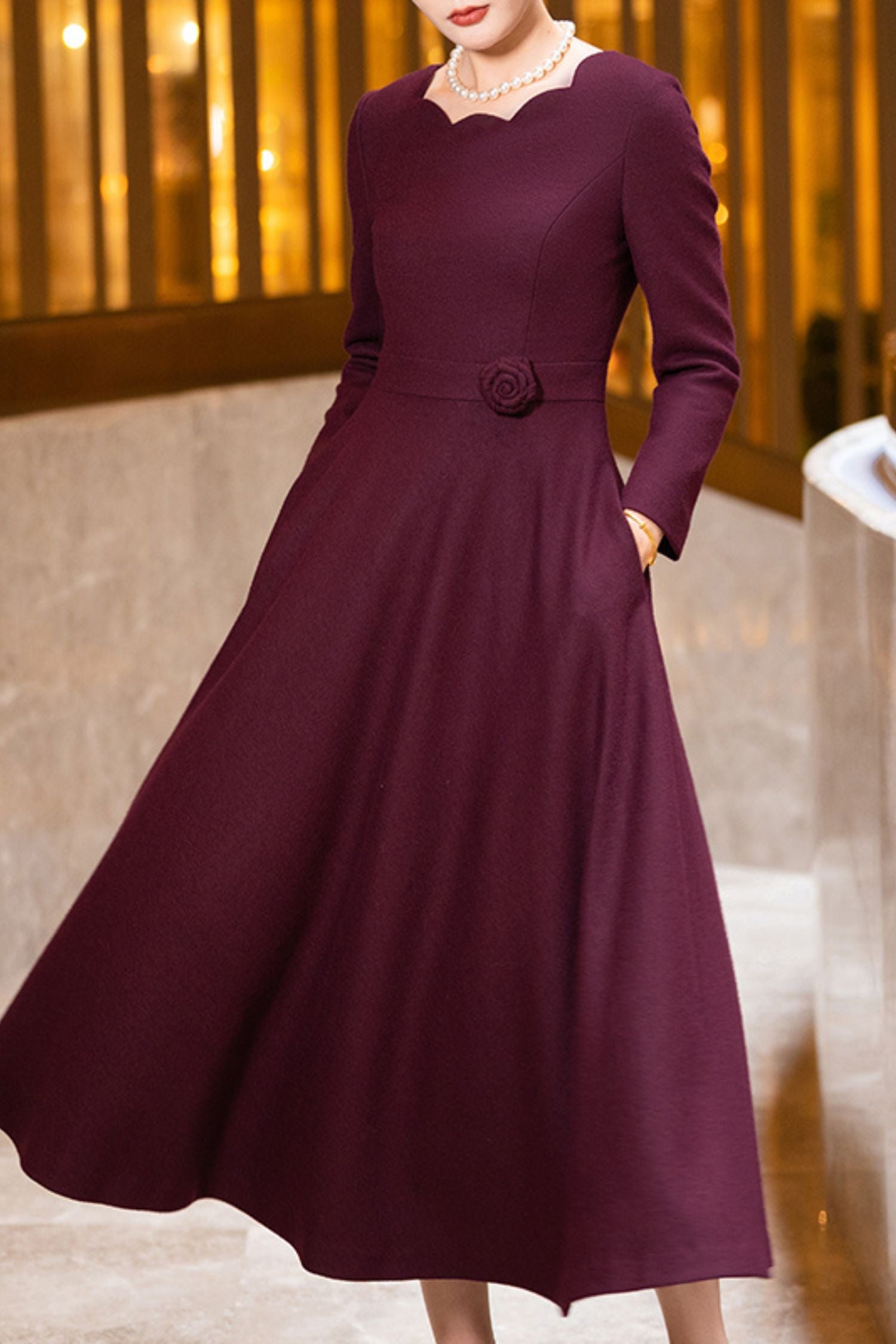 Burgundy long sleeves winter wedding wool dress TT0187 Xiaolizi Burgundy long sleeves winter wedding wool dress TT0187 Xiaolizi