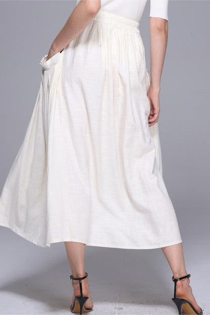 White Linen Cotton Maxi Skirt - Elastic Waist Big Pockets | Xiaolizi 1391