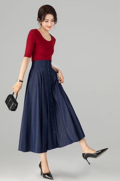 Navy Cotton Denim Midi Skirt - A-Line High Waist Button Front 6143