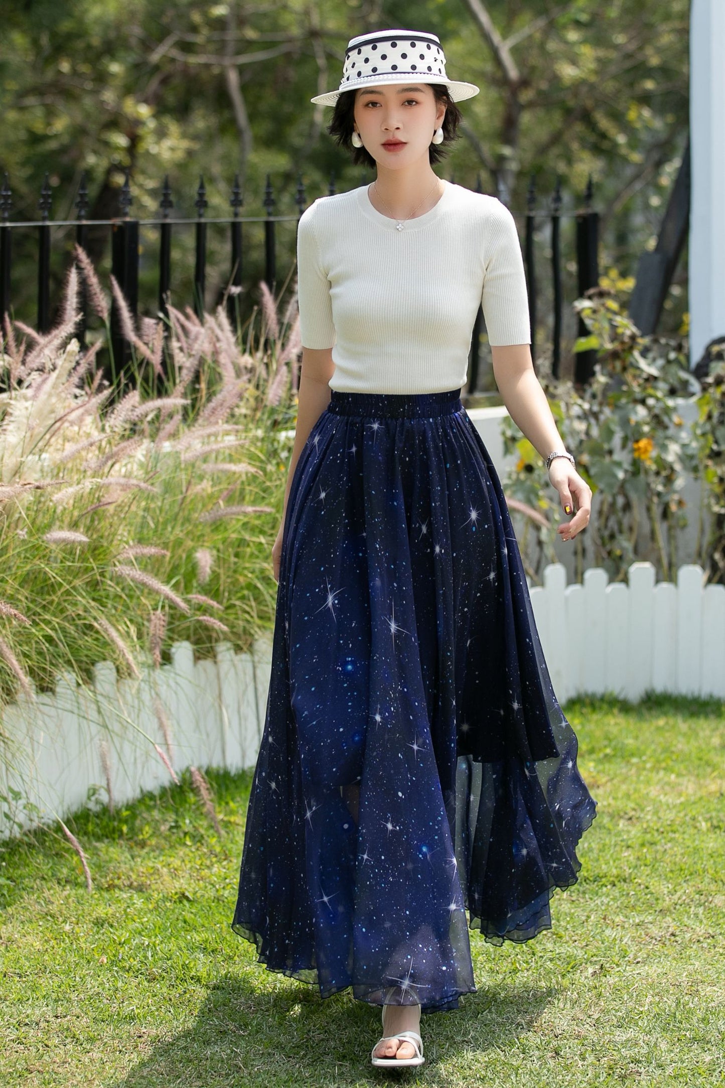 Navy Chiffon Maxi Skirt - Starry Sheer A-Line | Xiaolizi 6744