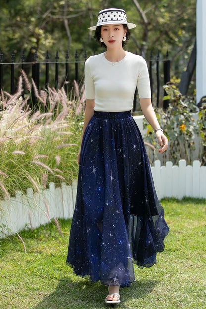 Navy Chiffon Maxi Skirt - Starry Sheer A-Line | Xiaolizi 6744