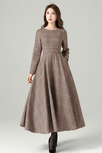 grey and brown dress clothes Brown Plaid Wool Maxi Dress – Vintage British Check Winter Dress 4491 Brown / M