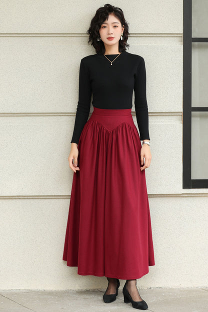 Burgundy Wool Maxi Skirt - Handmade High-Waisted Pleated 6420