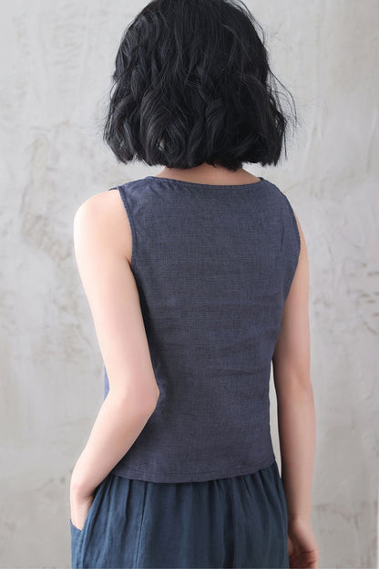 Blue Checked linen Tank Top 3338