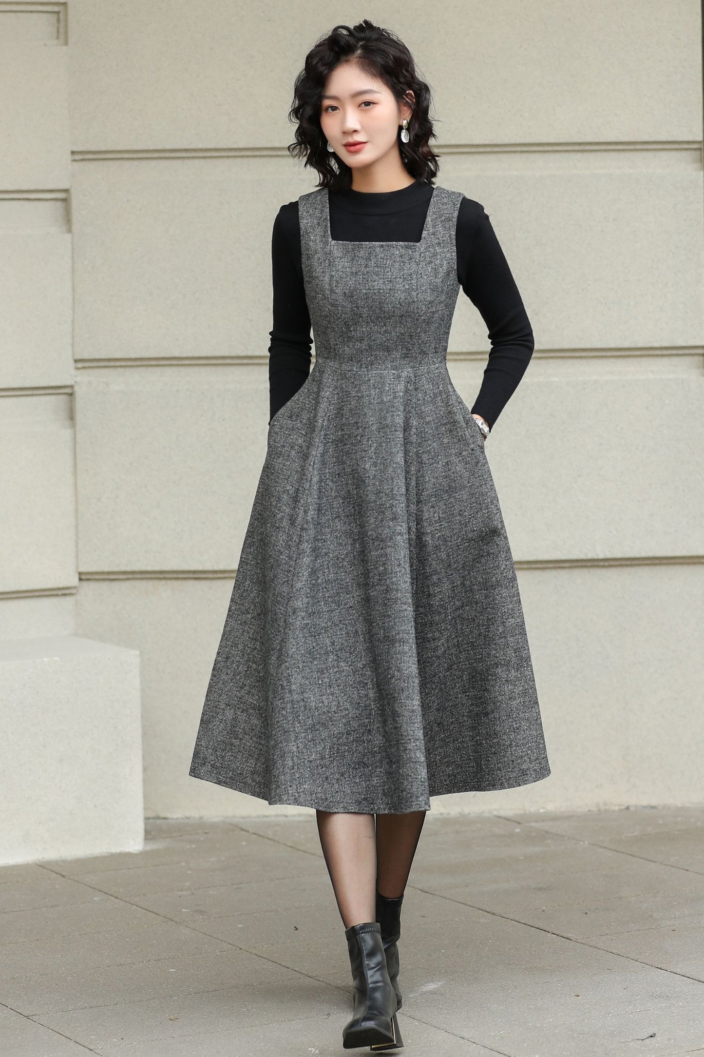 Handmade Wool Pinafore Dress – Gray Sleeveless Midi for Autumn Winter 6418