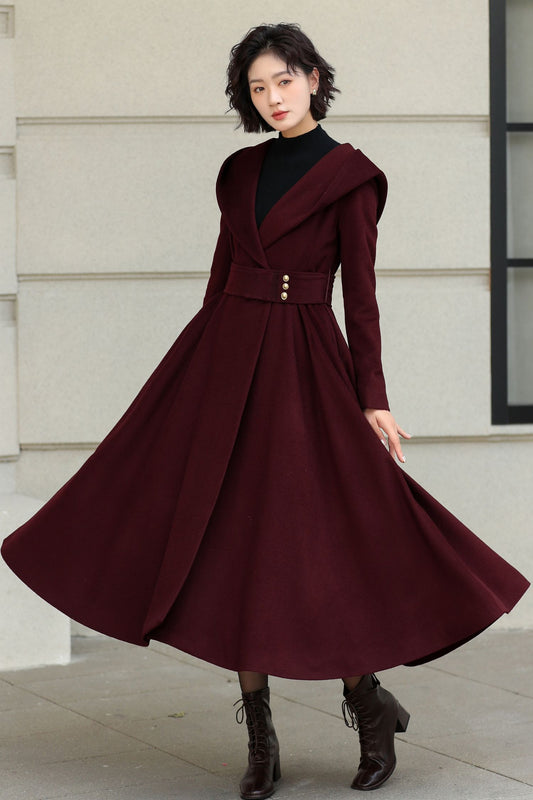 Handmade Hooded Long Wool Coat for Women – Elegant Winter Fashion 6534