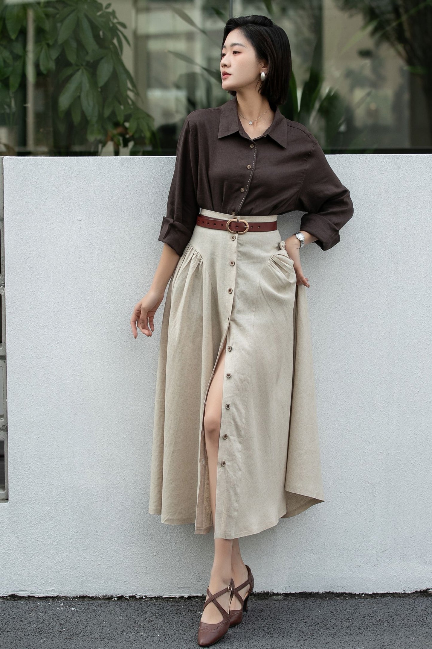 Beige Linen Midi Skirt – High Waist A-Line Button Front Skirt 6666