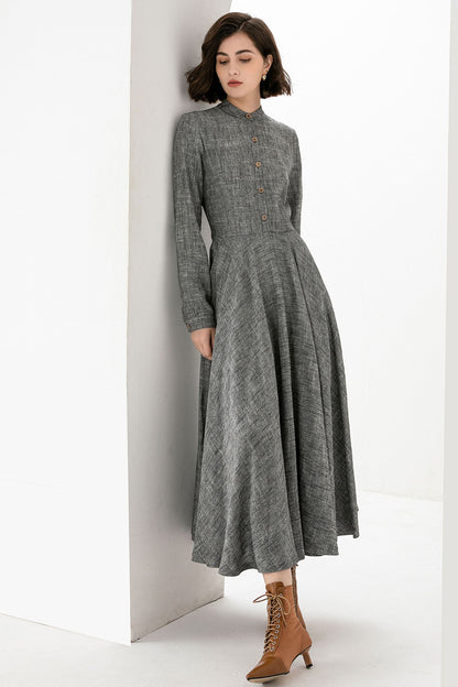Grey Linen Cotton Maxi Dress - Button Front Relaxed Fit | Xiaolizi 3831