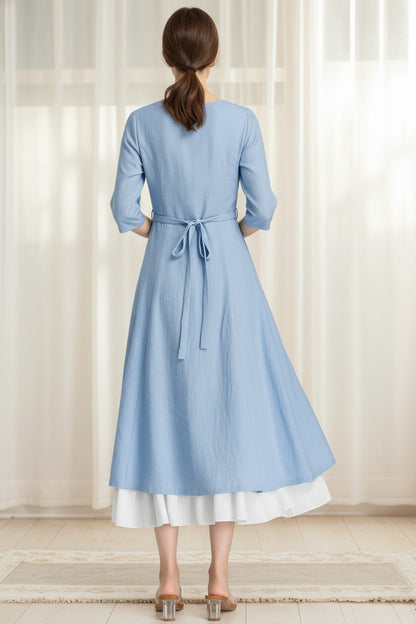 Blue Linen High-Low Swing Dress – Vintage Chiffon Ruffle Hem Midi 6628