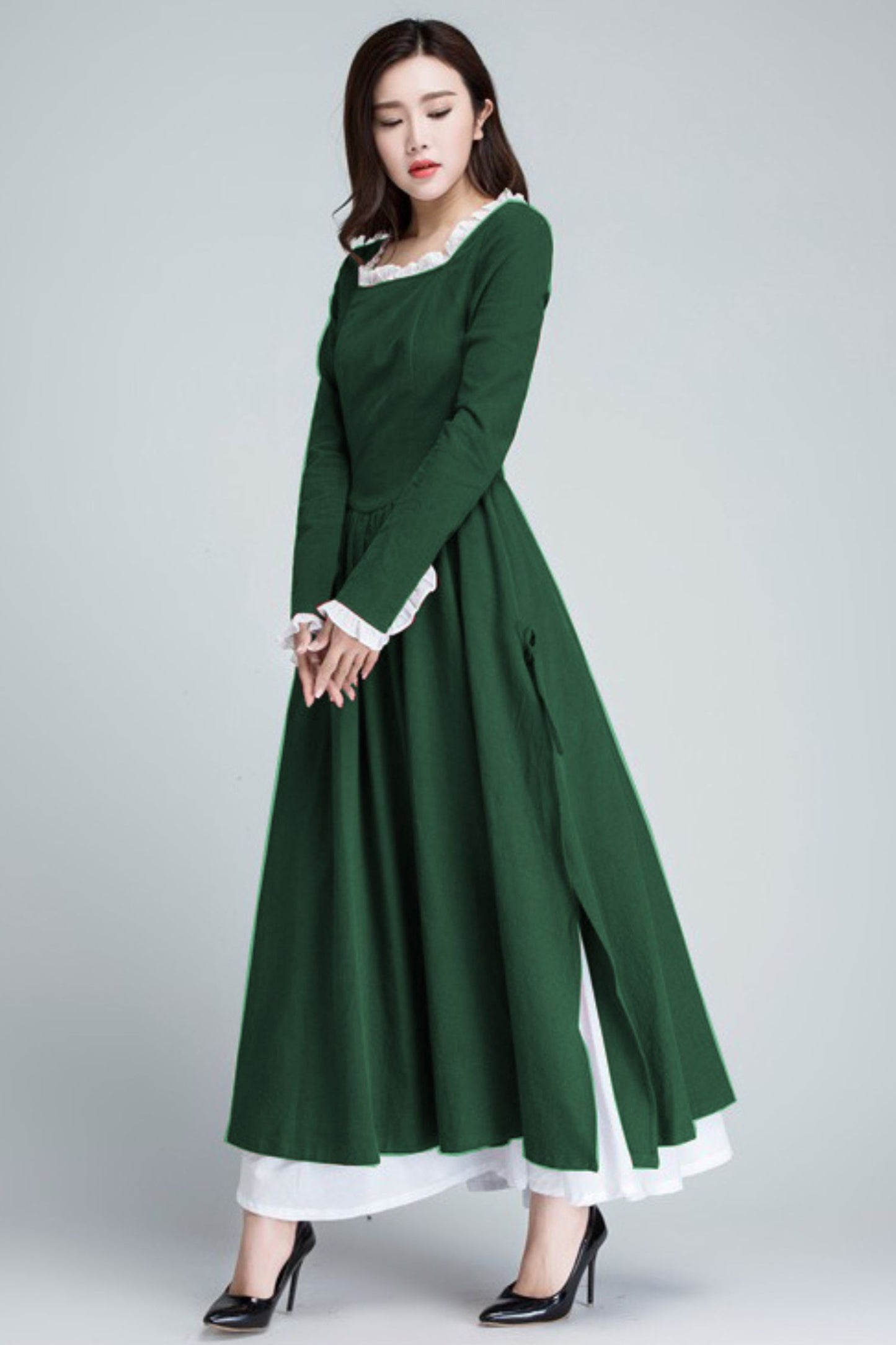 Xiaolizi Linen Maxi Dress – Vintage Green Fit and Flare Dress with chiffon hem 6317