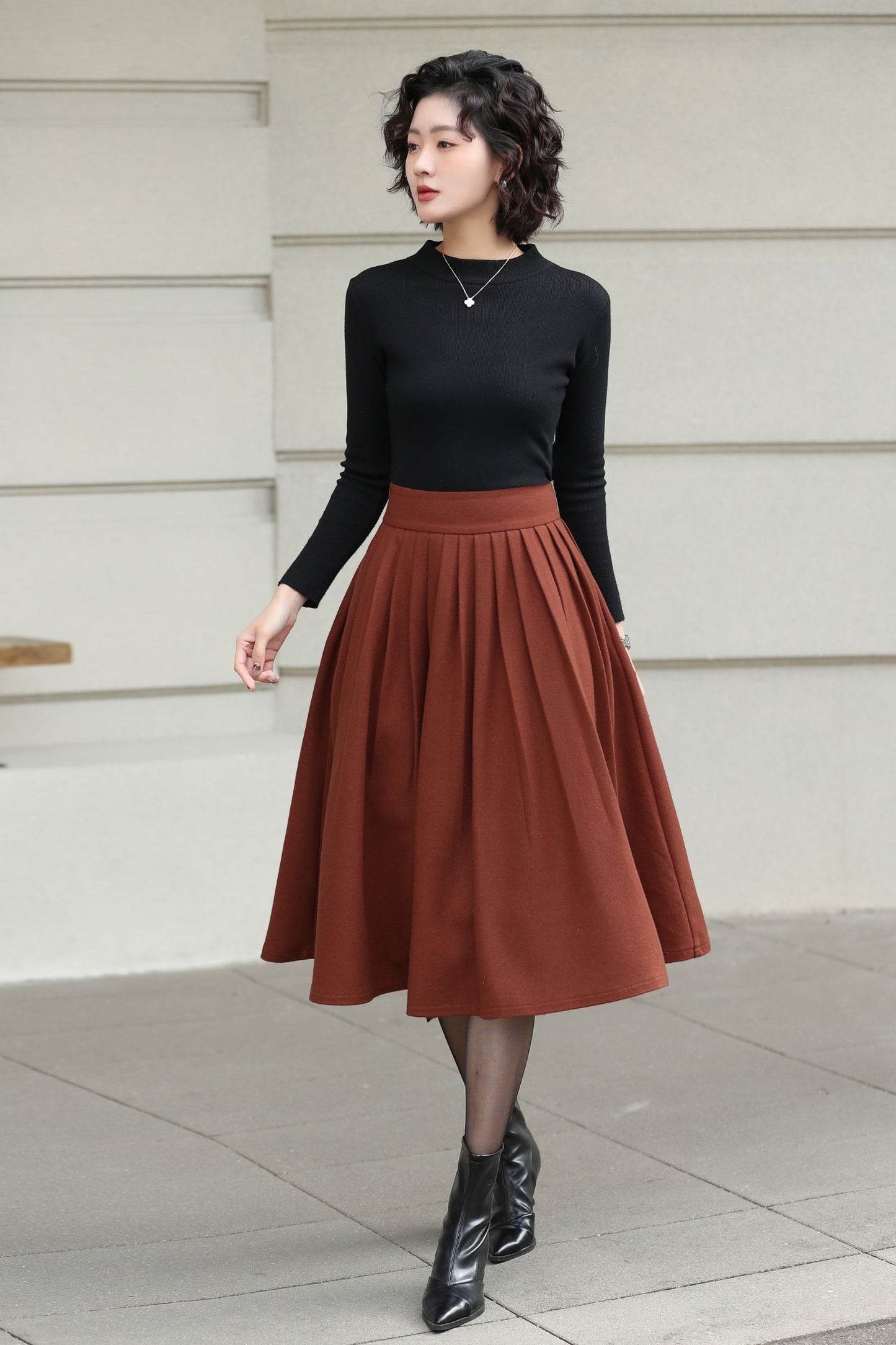 Xiaolizi Rust Brown Wool Midi Skirt for Women – Handmade High-Waist A-Line Winter Skirt 6608