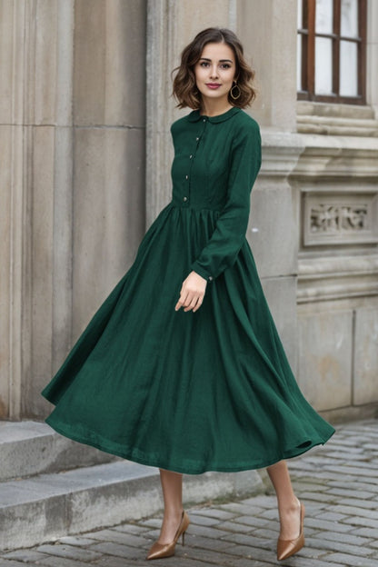Green Linen Fit and Flare Midi Dress - Collared Neck with Pockets 5750