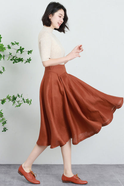 Rust Linen A-Line Midi Skirt - Flowing Circle Hem with Waist Buttons 5730