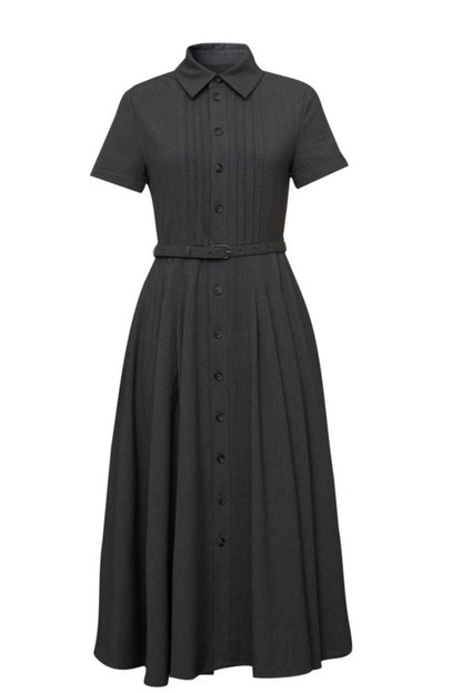 Charcoal Polyester Midi Shirt Dress - Button Front with Belted Waist HY0029