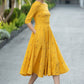 Yellow Linen Cotton Midi Dress – Vintage Fit & Flare with Pockets 6668