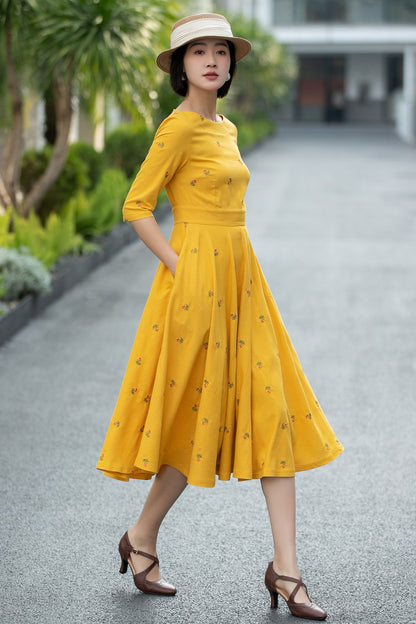 Yellow Linen Cotton Midi Dress – Vintage Fit & Flare with Pockets 6668 -Size XS #CK2600011