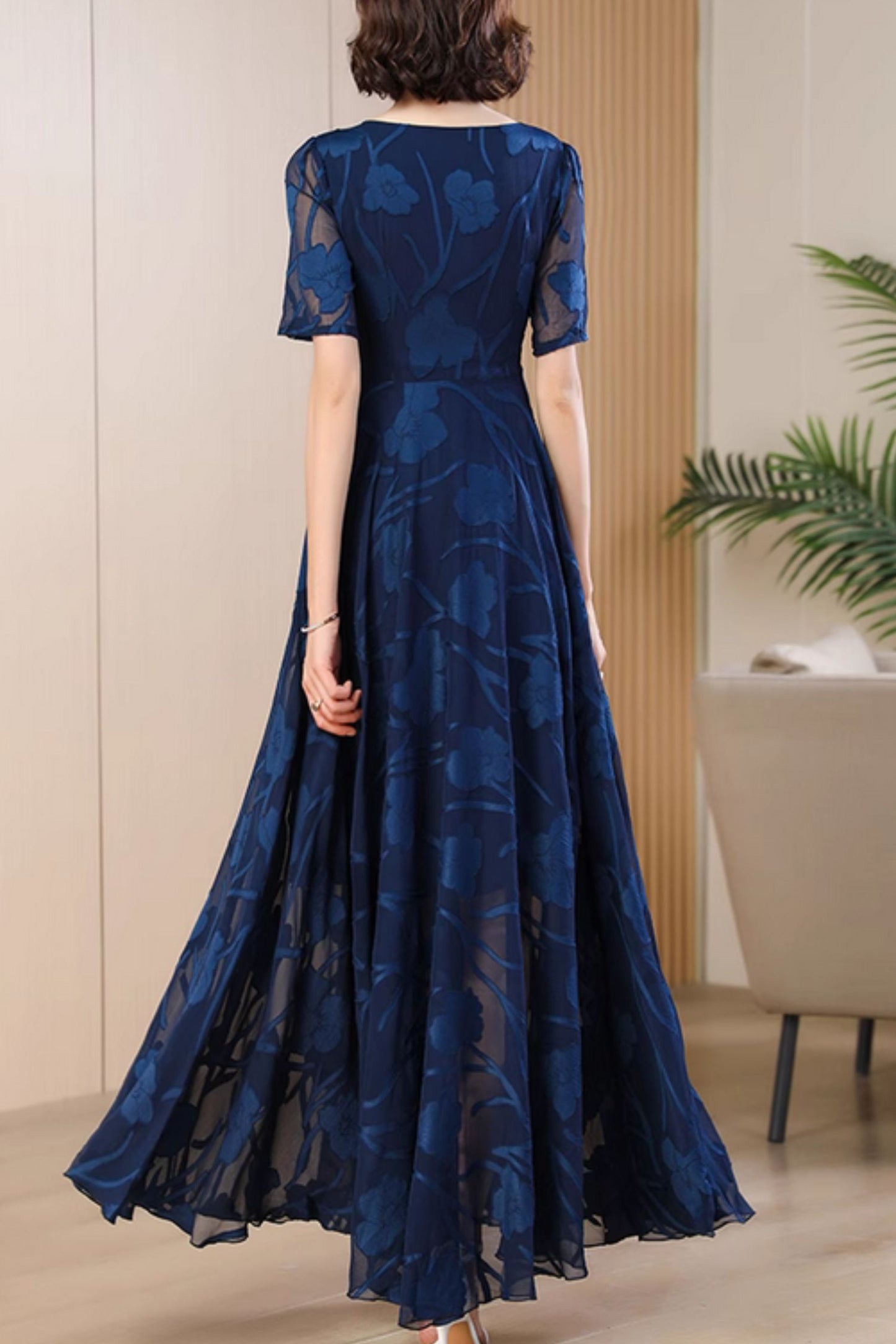 Dark blue floral maxi prom summer chiffon dress 5051